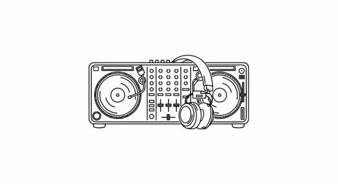Line art of a DJ setup with turntables, mixer, and headphones