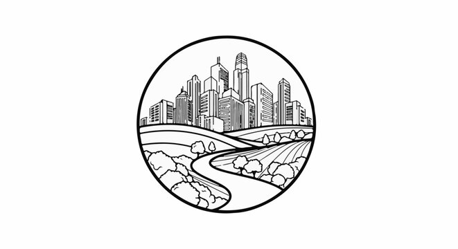 Circular image depicts a city skyline rising above rolling hills and fields
