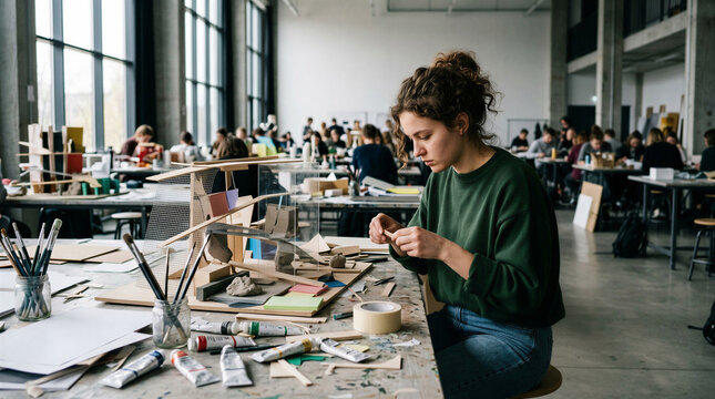 Architecture student building model in busy studio