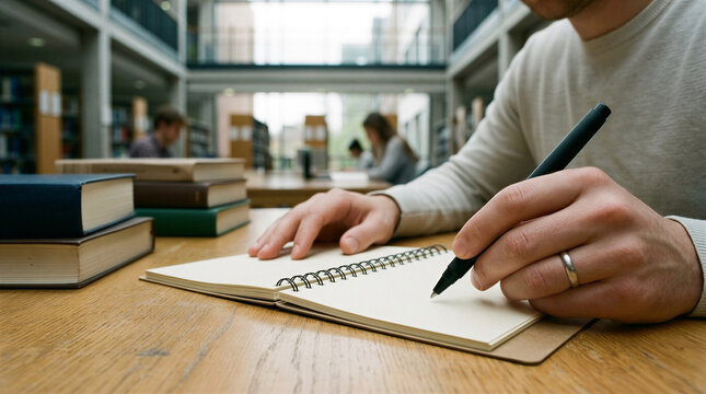 Close up of man writing in notebook in library