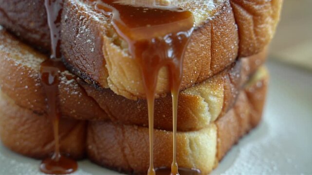 Close up of a thick French toast stack dusted with powdered sugar and glossy caramel sauce dripping down the sides. Delicious sweet morning breakfast and dessert food.