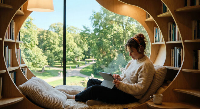 Young woman studying with tablet in cozy reading nook