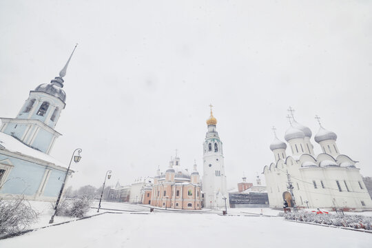 Snowfall in Vologda, a landscape of the city's historic center on a winter day, a cathedral in January