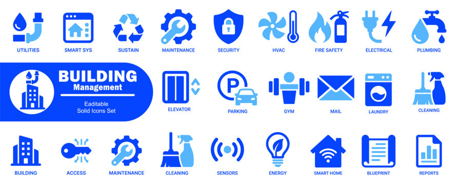 Building management icons set for facility maintenance property operations utilities security hvac fire safety plumbing laundry and smart home systems.