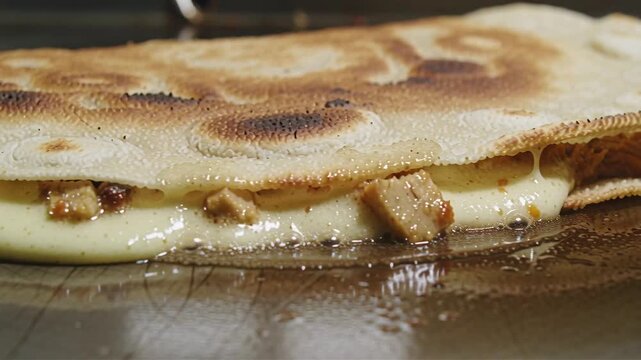 Close up of a sizzling quesadilla cooking on a flat-top griddle. Melted cheese and filling ooze out as the tortilla charrs, creating a glossy, delicious texture. Street food cooking.