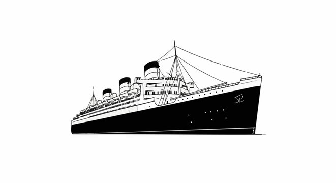 A vintage ocean liner illustrated in a bold black and white graphic style