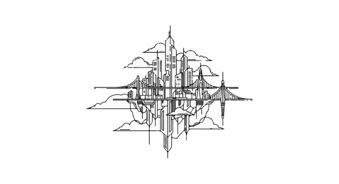 Stylized drawing of a futuristic floating city with bridges amidst clouds