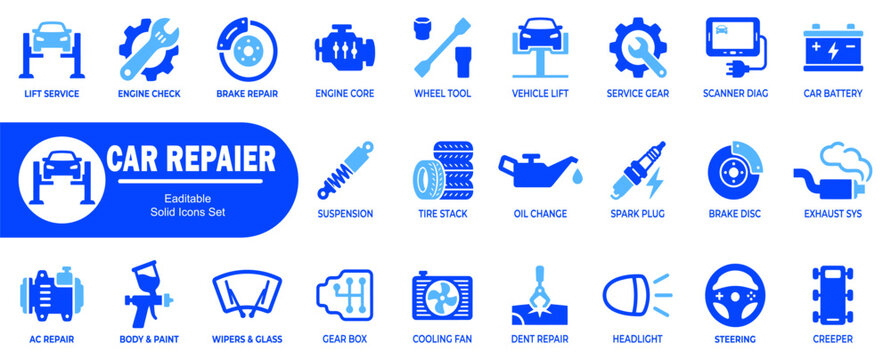 Car repairer icons set for automotive lift service engine check brake repair wheel tool car battery suspension tire stack and oil change maintenance.