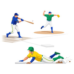 Fototapeta premium Baseball players in action: batter, pitcher, and runner sliding into base