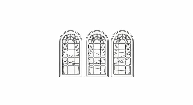 Three arched windows with detailed panes and draped curtains