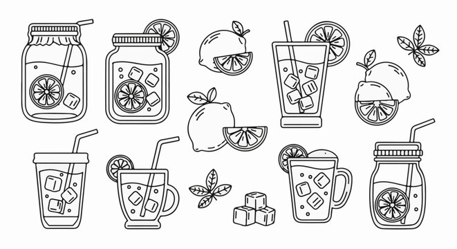 A collection of line art illustrations featuring refreshing lemonade drinks