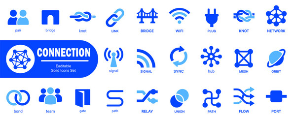 Structural connectivity icon collection featuring network mesh systems digital bridge links communication nodes and collaborative integration signs. © icons.point