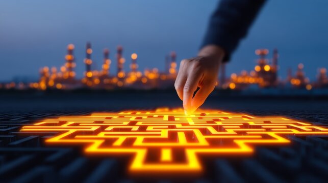 strategy, decision, path, problem solving workflow, Guiding Hand Illuminating Path in Business Environment with Vibrant Glow and Industrial Background