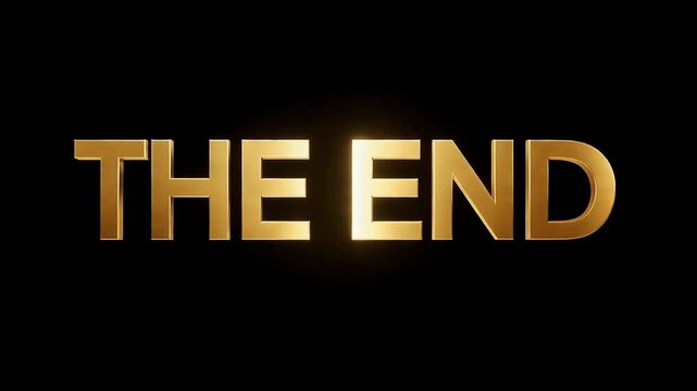 The end golden cinematic text with reflection on dark surface for movie finale and video closing sequence