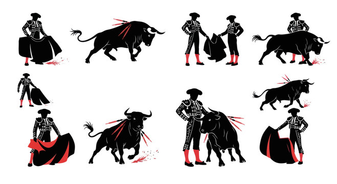 Matador and Bull Silhouettes, Spanish Bullfighting Scene, Dynamic Action Poses