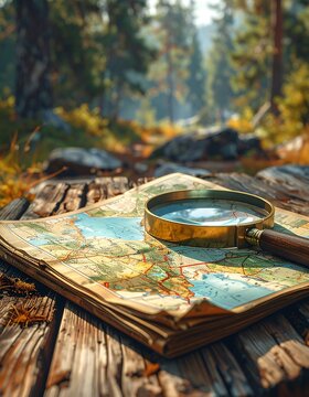 Vintage topographic map with brass magnifying glass on rustic wooden table in sunny autumn forest grove. AI Generative