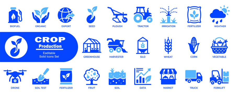 Biofuel organic export seed plough tractor irrigation fertilizer weather greenhouse harvester silo wheat corn vegetable drone soil test fruit data market truck forklift modern agriculture icons set.