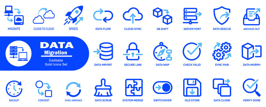 Data Migration icons set. Cloud sync db shift server port data rescue archive out data import secure link data map check valid sync pair data morph backup convert sync arrows data scrub system merge