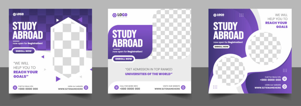 Study abroad promotional social media posts featuring bold purple text and graphics inviting students to enroll now for educational opportunities worldwide