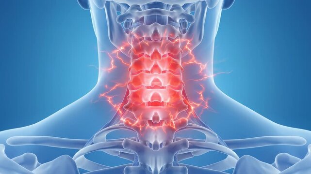 Detailed 3D neck and spine anatomy, glowing vertebrae highlighting pain and inflammation, 4K video