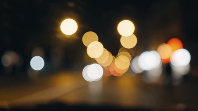 Blurred bokeh traffic lights viewed through a car windshield driving at night. Out of focus glowing urban city street illumination and abstract background.