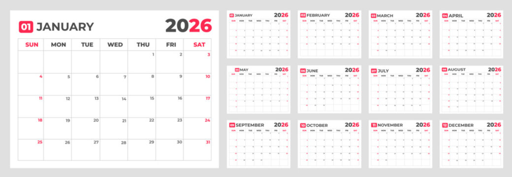 Wall calendar 2026 twelve month planner with january on left and all months displayed in grid layout side by side for yearly overview and organization