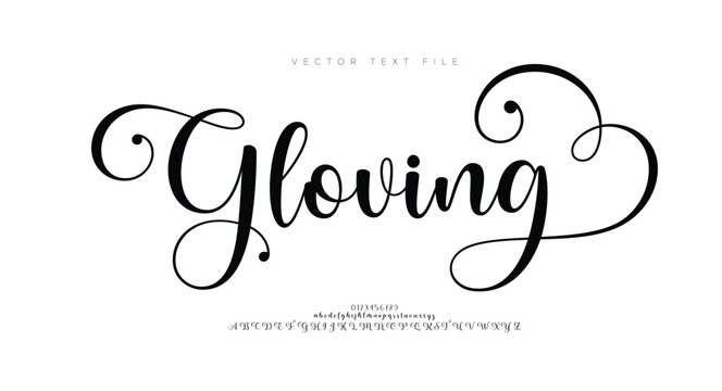 Gloving, Hand drawn vector alphabet. Modern monoline signature script font. Elegant Signature Font. Best Alphabet Beautiful Calligraphy Signature Font
