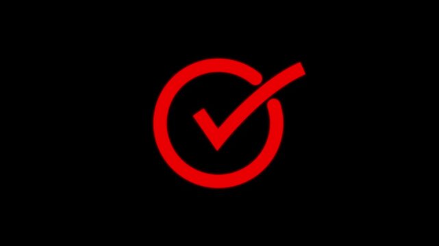 Red checkmark animation on black background, minimalist success and approval symbol tick