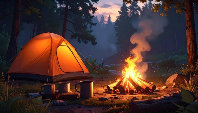 Cozy glowing camping tent near evening bonfire in deep forest setting with scenic mountain sunset glow. AI Generative