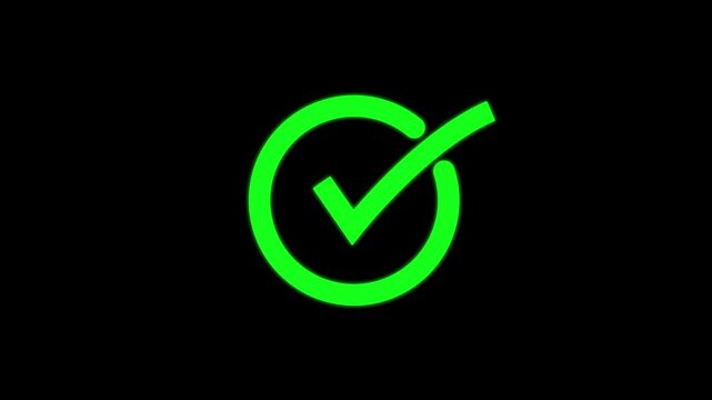 Animated green checkmark on black background, minimalist success confirmation symbol for ui ux and digital notifications