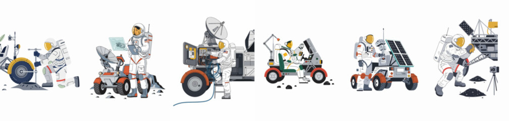 Fototapeta premium Set of illustrations showing astronauts in space suits performing scientific research and maintenance tasks on the moon with rovers and equipment.