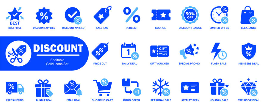 Discount icons collection. Featuring of price tags coupon vouchers sales promotion badges limited offers seasonal deals for shops.
