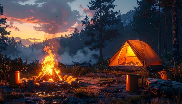 Golden sunset illuminating camping tent and crackling bonfire near mountain lake in quiet forest clearing. AI Generative
