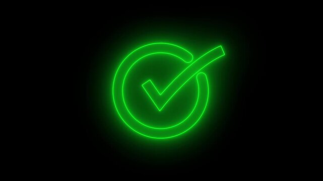 Glowing neon green check mark symbol animation on black background, for success and, approval concepts
