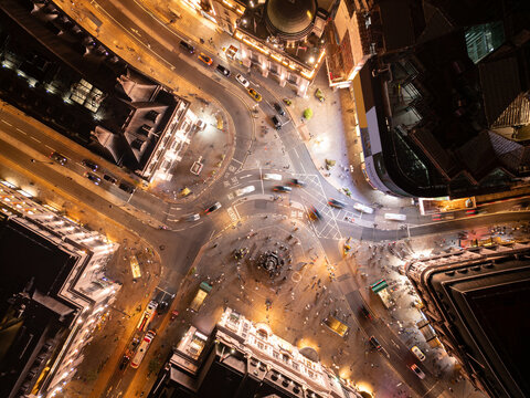 Piccadilly circus london night aerial view with traffic