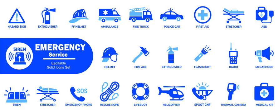 Emergency safety icons. Containing hazard sign extinguisher helmet ambulance fire truck police car first aid stretcher aed radio megaphone and tools.