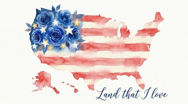 USA Map Silhouette with Red Stripes and Blue Floral Accents
