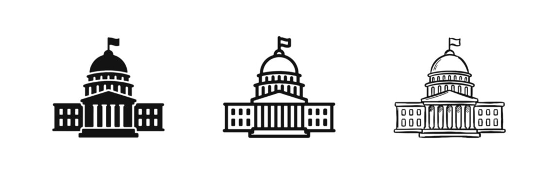 Government building icon set showing capitol or parliament house in flat, outline, and hand-drawn styles.