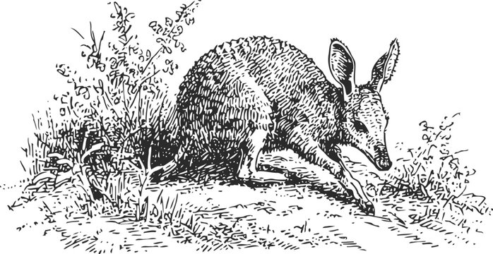 Vintage illustration of a banded anteater walking through grass and shrubs in nature