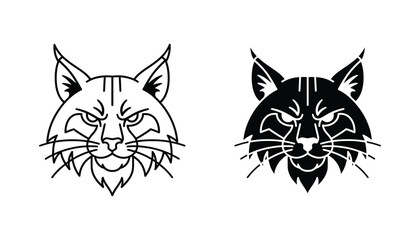 Obraz premium Aggressive bobcat head icon vector illustration featuring fierce wild animal face in both detailed outline and solid black styles for sports logo