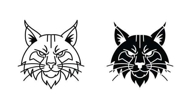 Aggressive bobcat head icon vector illustration featuring fierce wild animal face in both detailed outline and solid black styles for sports logo