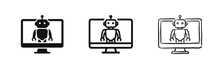 Fototapeta premium Artificial intelligence chatbot icon set with robot on monitor screen in flat, outline, and sketch styles.