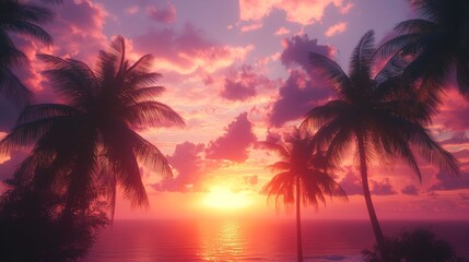 Obraz premium Tranquil Beach Sunrise with Palm Trees and Reflective Waters