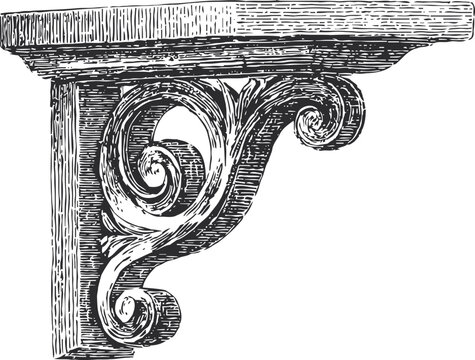 Ornate wooden corbel bracket with intricate scrollwork and carved decorative details