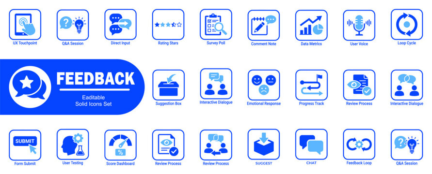 Modern feedback solid icons and symbols. Including ui touchpoint q&a session direct input rating star survey poll comment meta data metrics user voice loop cycle suggestion box.