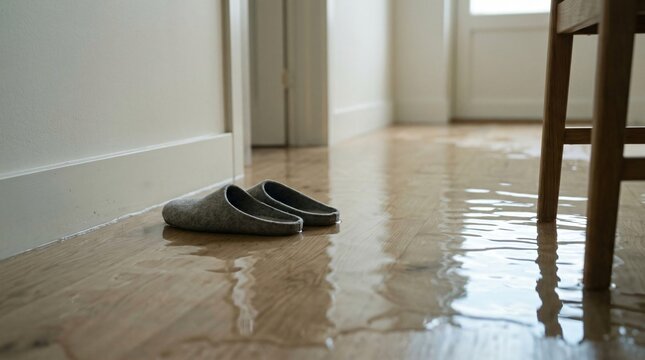 Flooded floor inside house with water leaking from bathroom door. Slippers on wet wooden planks. Damage caused by pipe burst or plumbing issue. Disaster and home insurance concept.