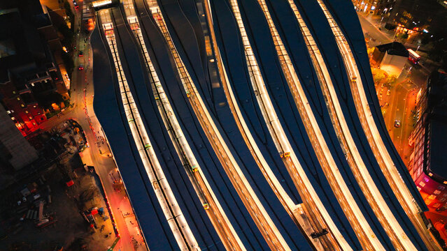 London bridge station aerial night view trains