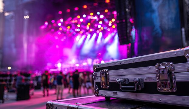 A rugged flight case sits in the foreground at a vibrant, blurred outdoor concert with purple stage lights