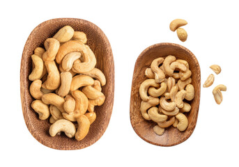 Fototapeta premium Cashew nuts in wooden bowls, raw cashews top view isolated on transparent background PNG