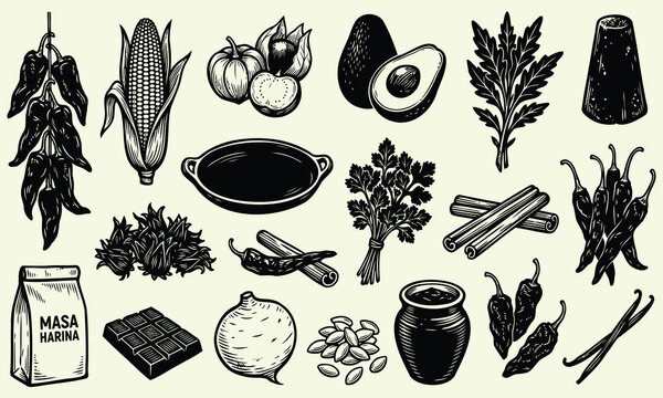 Mexican Culinary Ingredients Collection with Rustic Engraving Style